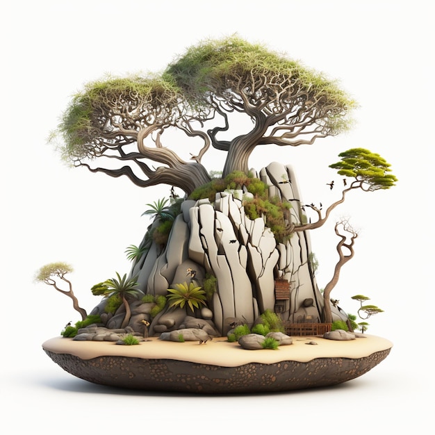 Een model van een boom met een rotsformatie op de achtergrond