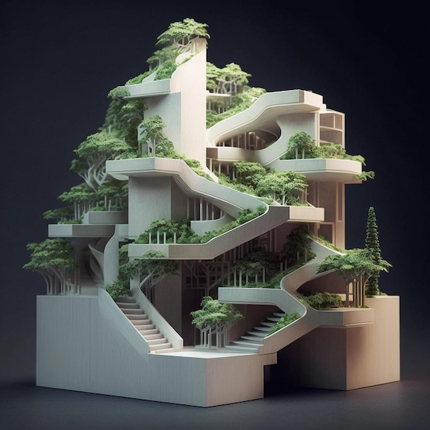 Een model van een gebouw met bomen op de top