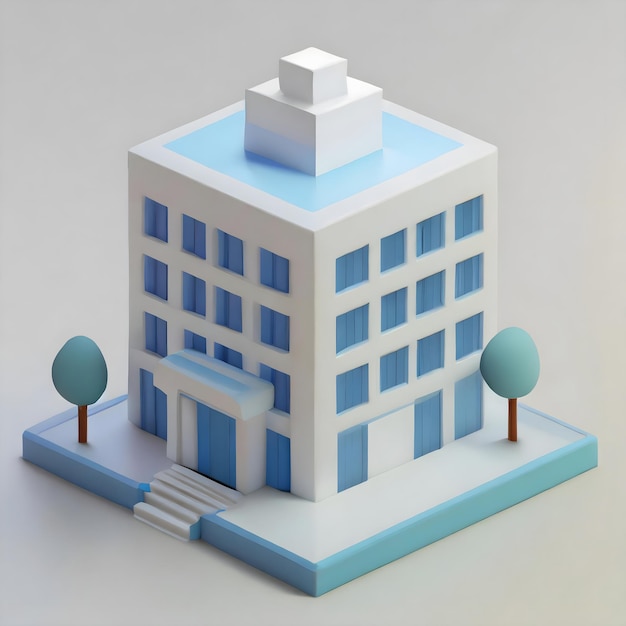 een model van een gebouw met een blauwe deur en bomen aan de onderkant