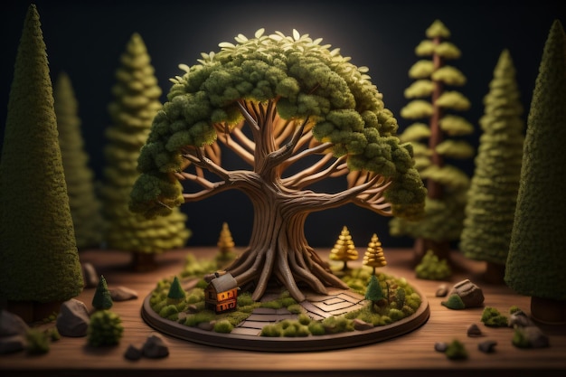 Een model van een huis met een boom ervoor
