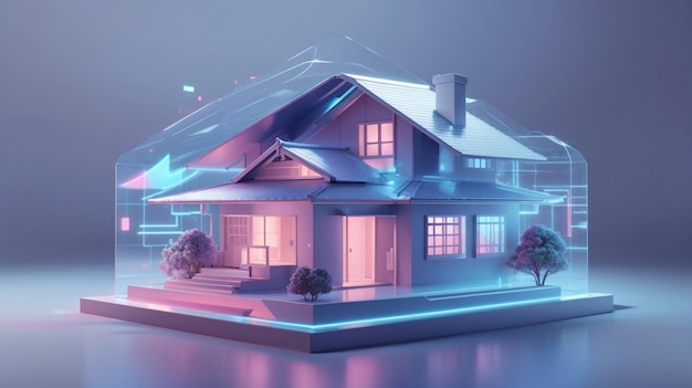 een model van een huis met een paars dak en een huis met Een paars dak