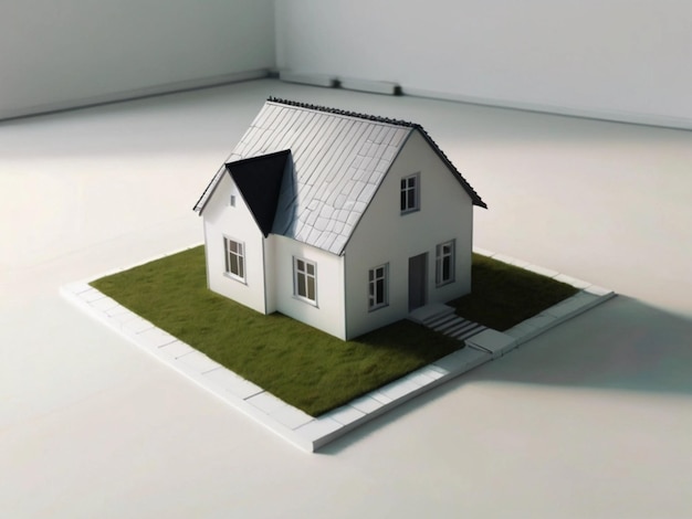 een model van een huis met een wit dak en een witte plank op de vloer