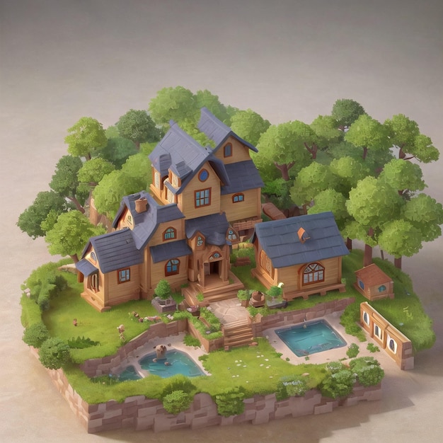 Een model van een huis met een zwembad en een pool