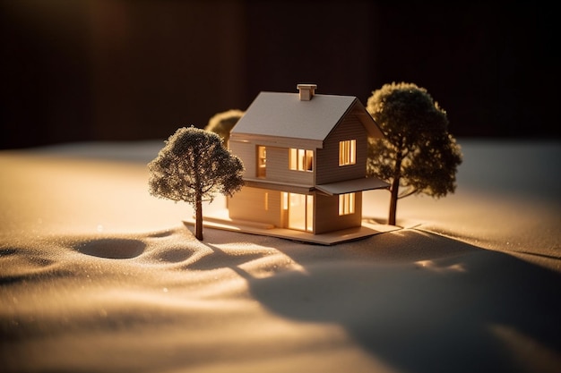 Een model van een huis op een deken met bomen erop