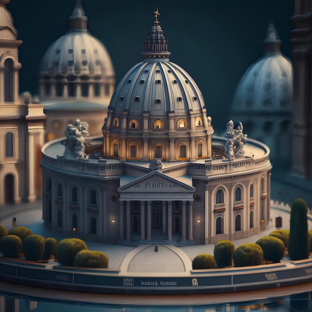 Een model van een kleine kerk met een koepel en een koepel met het woord vaticaan erop.