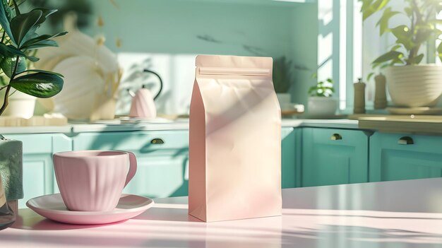 Een model van een kraftpapierverpakking op de schattige keukentafel op een zonnige dag met hoge resolutie