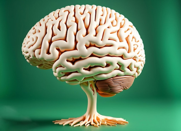 Een model van een menselijk brein met de voet op een groene achtergrond.