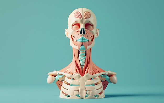 een model van een menselijk hoofd met de onderkaak en nek