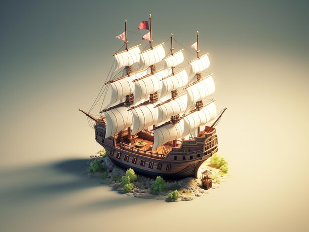 Een model van een schip met witte zeilen en een rode vlag op de rug.