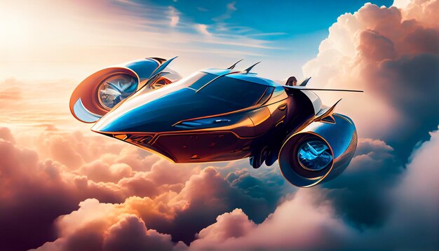 Een model van een vliegende luxe auto in de lucht boven de wolken Generatieve AI