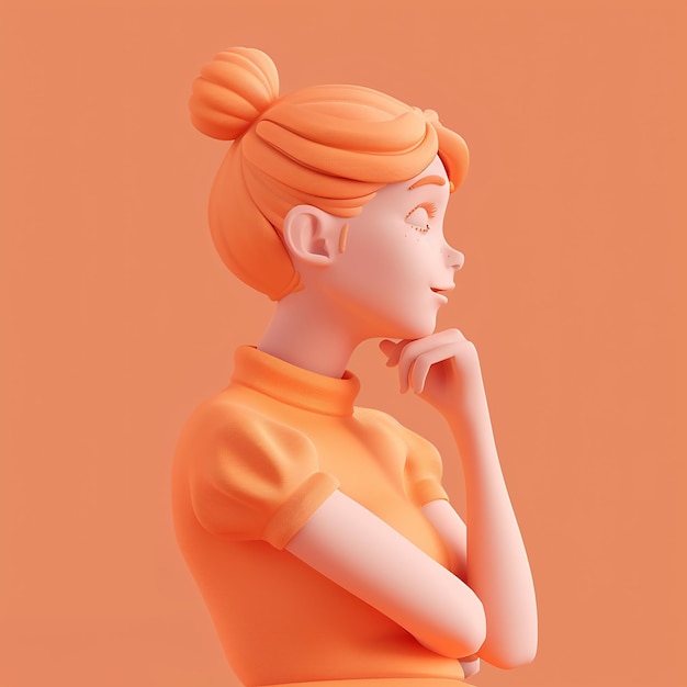 een model van een vrouw met oranje haar en een shirt dat zegt dat ze naar kijkt