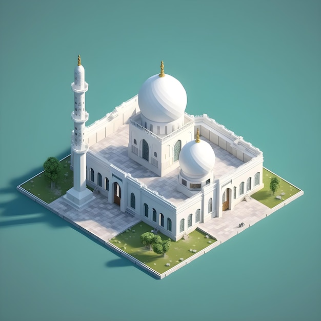 Een model van een witte moskee met een blauwe achtergrond.