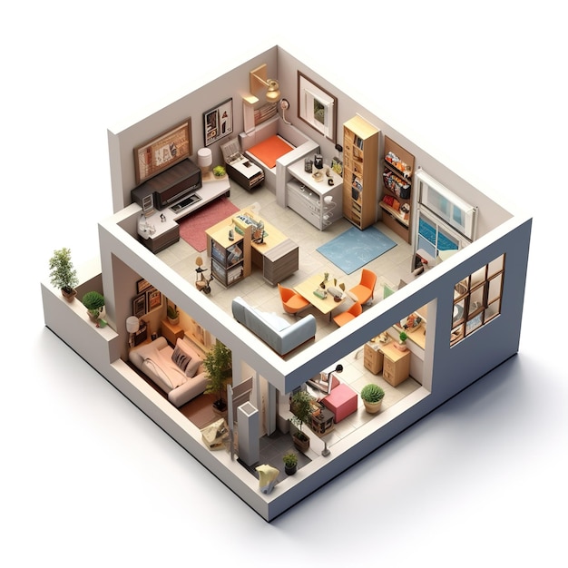 Een model van een woonkamer met een open haard en een bank.