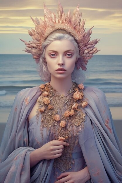 Foto een model vrouw gekleed in blauw grijs roze paarse tinten met een kroon op het strand