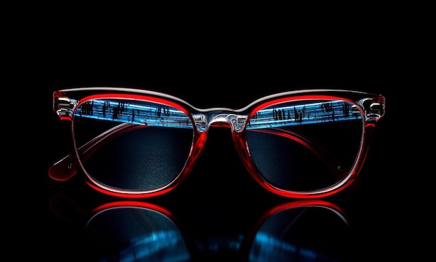Een model zonnebril met rode frames op zwarte achtergrond generatieve AI