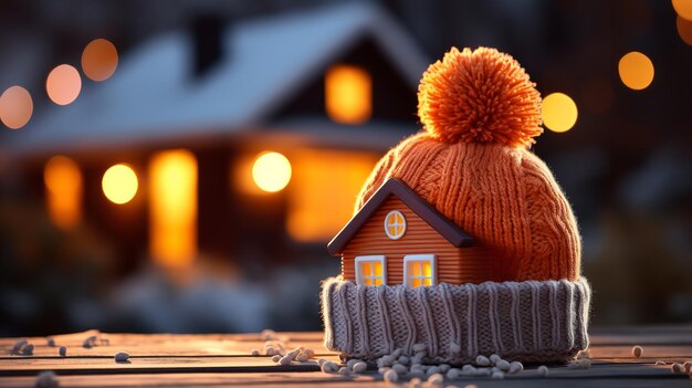 Foto een modelhuis met een gebreide dop met een verwarmingssysteemconcept en de koude besneeuwde atmosfeer generatieve ai