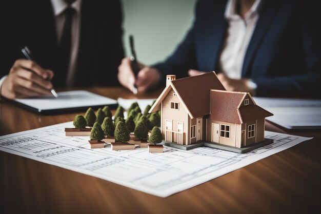 Een modelwoning en bomen op een tafel