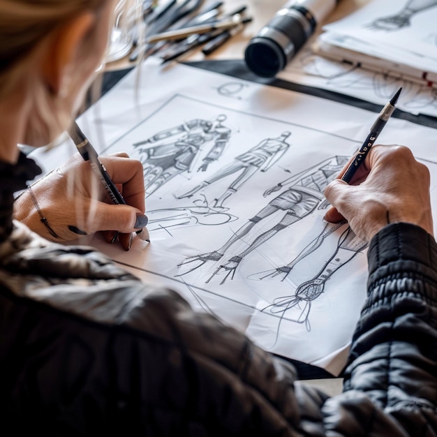 Een modeontwerper schetst een nieuwe collectie
