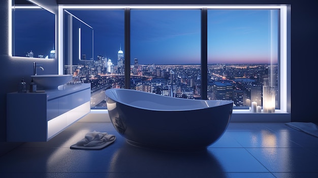Een modern badkamerinterieur met een prachtig uitzicht op de skyline van de stad tijdens het blauwe uur