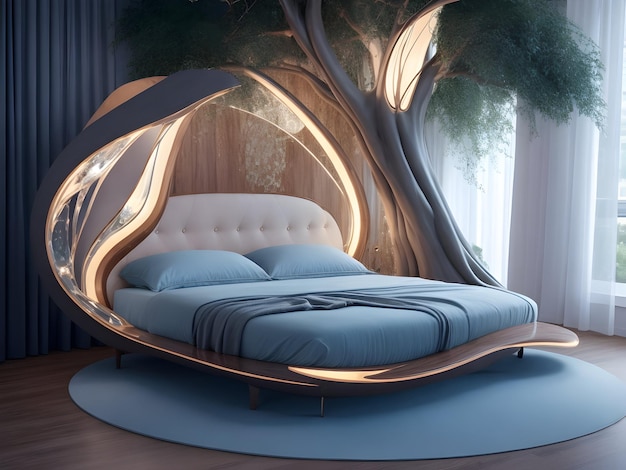 een modern bed met een natuurlijke, vloeiende, gebogen boom, geïnspireerd op het ontwerp gegenereerd door ai