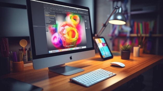 Een modern bureau met tafel op personal computerscherm in behang