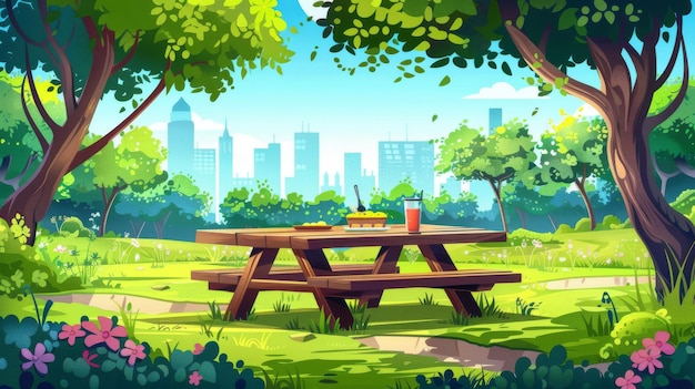 Een modern cartoon landschap van een lege openbare tuin met een picknicktafel, banken, groene bomen, bloemen en stadsgebouwen op de achtergrond