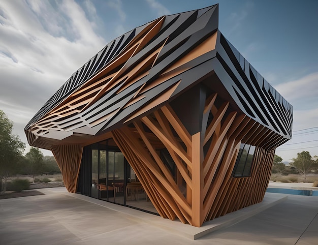 een modern gebouw met een dak van hout