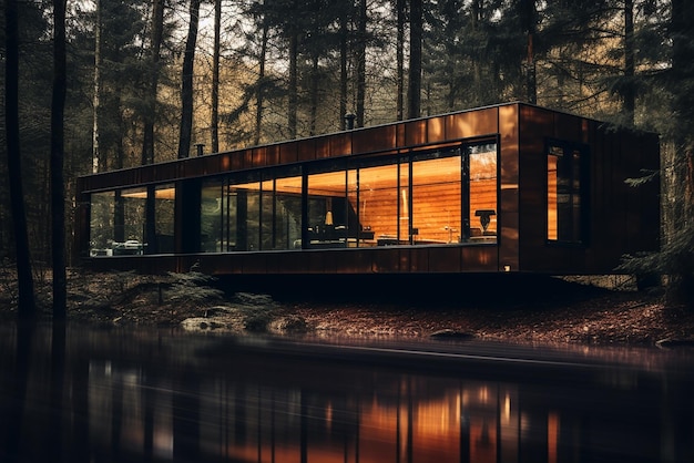 Een modern huis in een bos aan de oever van een rivier