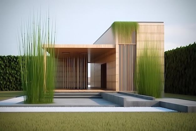 Een modern huis met een groen dak en een houten deur