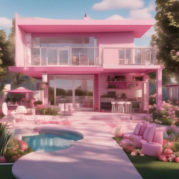 Foto een modern huis met een roze barbie-thema.