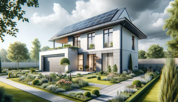 Een modern huis met een slank ontwerp toont zijn milieuvriendelijke zonnepanelen op het dak in een goed verzorgd voorstedelijk landschap