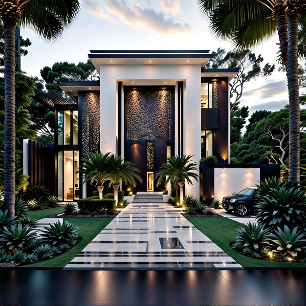Een modern huis met palmbomen ervoor