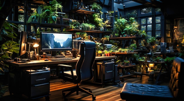 een modern kantoor met computerbureaus en planten