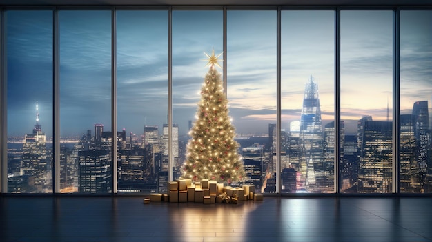 Een modern kantoor verandert in een feestelijk wonderland met een kerstboom en een prachtig uitzicht over de stad, waardoor een unieke vakantie ontstaat