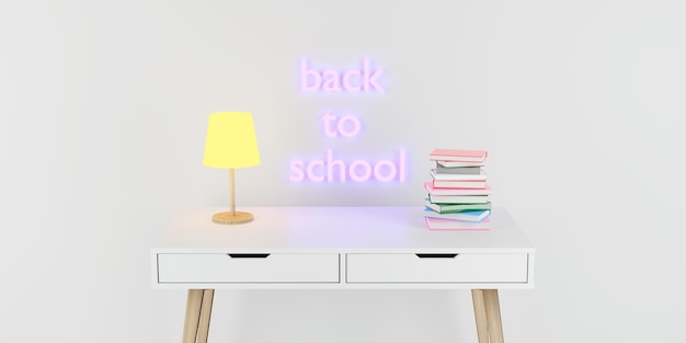 Een modern kinderbureau met lamp en stapel boeken en Back to School-neonbord op witte muur