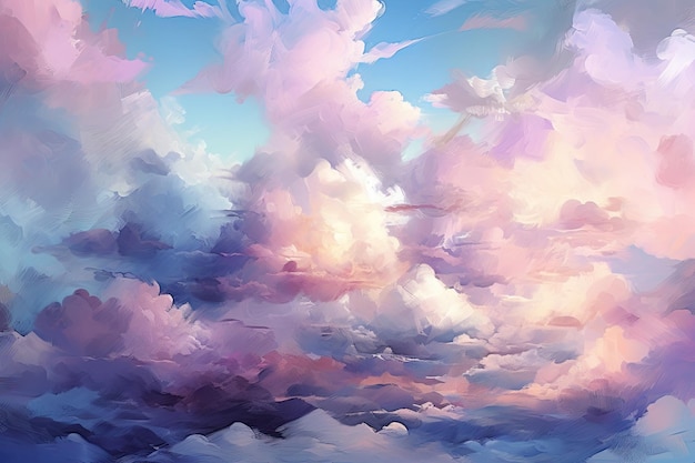 Een modern kunstlandschap van cumuluswolkpatronen in een glinsterende blauwe en paarse lucht