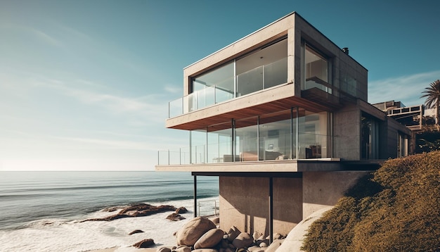 Een modern luxe appartement met een balkon met uitzicht op de kustlijn gegenereerd door AI