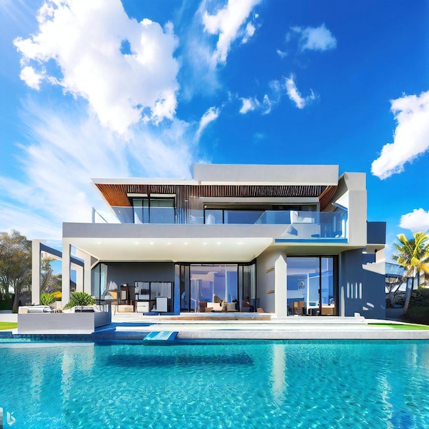 Een modern luxe huis met een zwembad aan de voorkant tegen een blauwe lucht