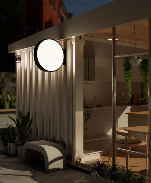 Een modern, minimaal straatkoffiehuisgebouw met een lege cirkelbewegwijzering met licht in de nacht