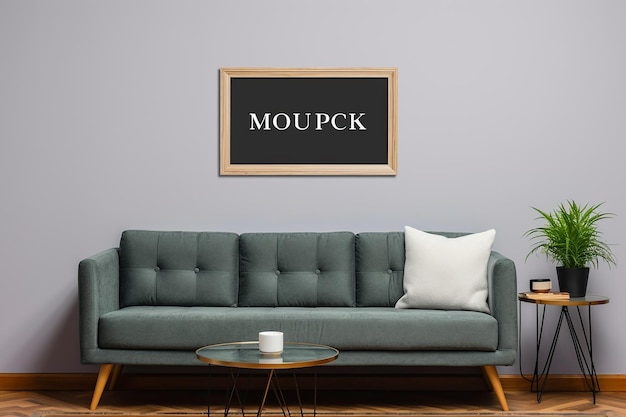 Foto een modern mock-up horizontaal frame in een woonkamer met blauwe bank en witte kussen