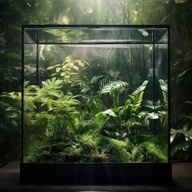 Een modern podium voor productontwerp tegen de achtergrond van een tropisch bos