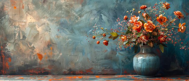 Een modern schilderij met een metalen element een textuur achtergrond en bloemen