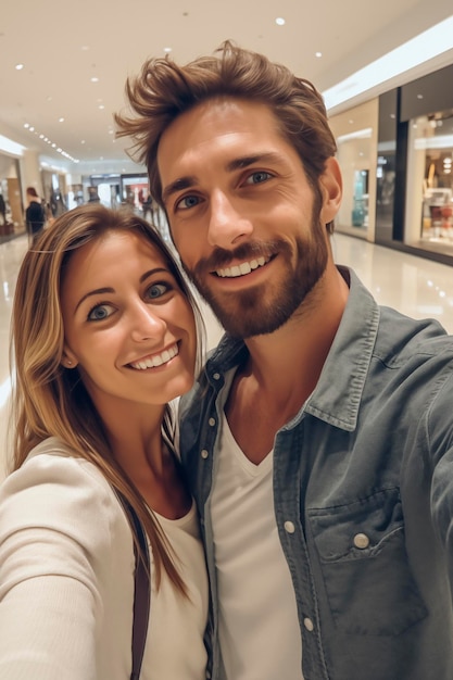 Een modern trendy koppel neemt een selfie binnen een luxe winkelcentrum met winkels en mensen op de achtergrond Volwassen man en vrouw in winkelen binnen vrije tijd nemen foto's met hun telefoon