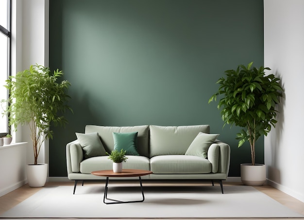 Een moderne bank in een minimalistische woonkamer met een vaas met groene planten en een muur in de achterkant