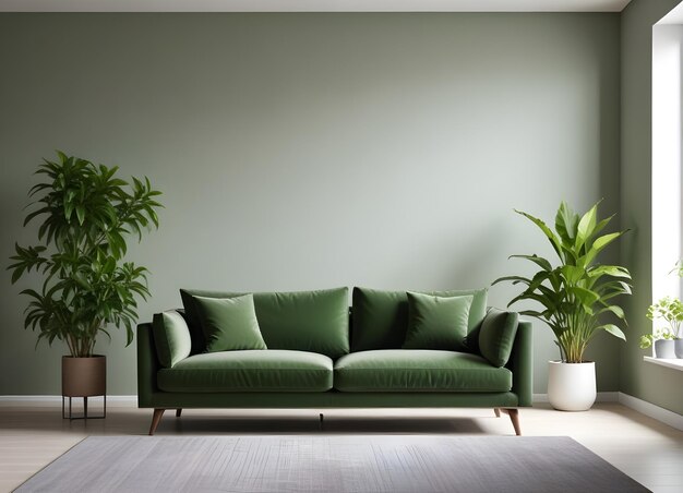 Een moderne bank in een minimalistische woonkamer met een vaas met groene planten en een muur in de achterkant