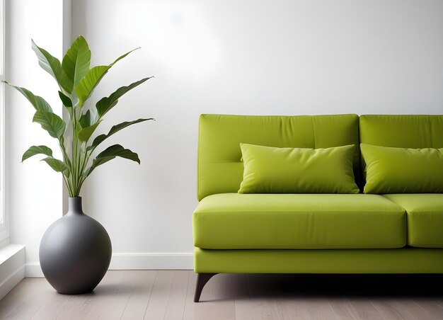 Een moderne bank in een minimalistische woonkamer met een vaas met groene planten en een muur in de achterkant