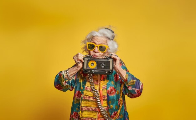 Een moderne bejaarde vrouw gekleed in kleurrijke kleding houdt een radio vast en luistert naar muziek tegen een