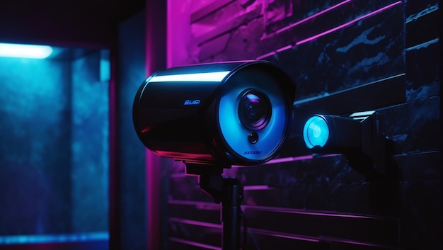 Een moderne draagbare beveiligingscamera verlicht door neonlicht tegen een donker gestructureerd oppervlak