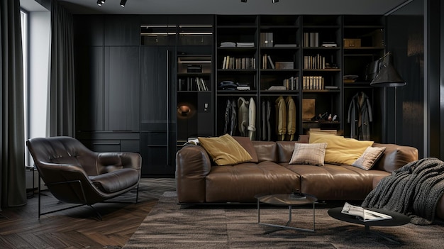 Een moderne eclectische woonkamer in donkere kleuren met een zachte lederen bank Generative Ai