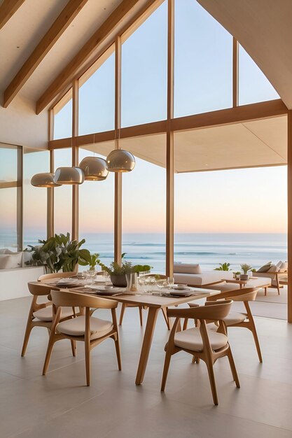 een moderne eetkamer met een tafel en stoelen en een uitzicht op de oceaan